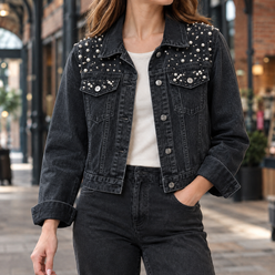 Denim Jacket Washed Cropped with Pearl-Like Studs and Pointed Collar