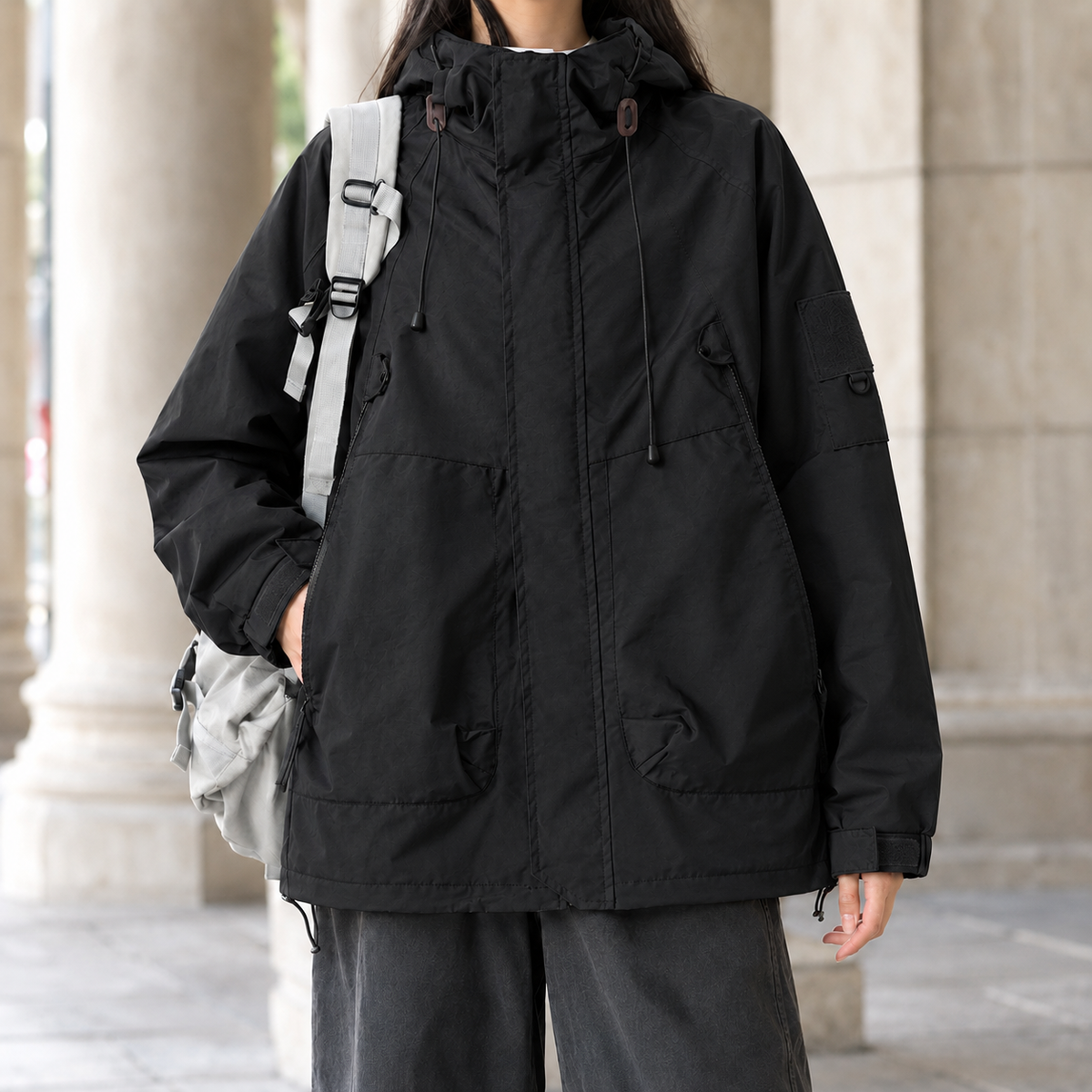 Utility Jacket Cotton Blend Hooded with Concealed Zip and Four Pockets