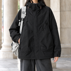 Utility Jacket Cotton Blend Hooded with Concealed Zip and Four Pockets
