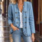 Denim Jacket Cotton Blend with Ruffled Edging and Antique-Tone Buttons