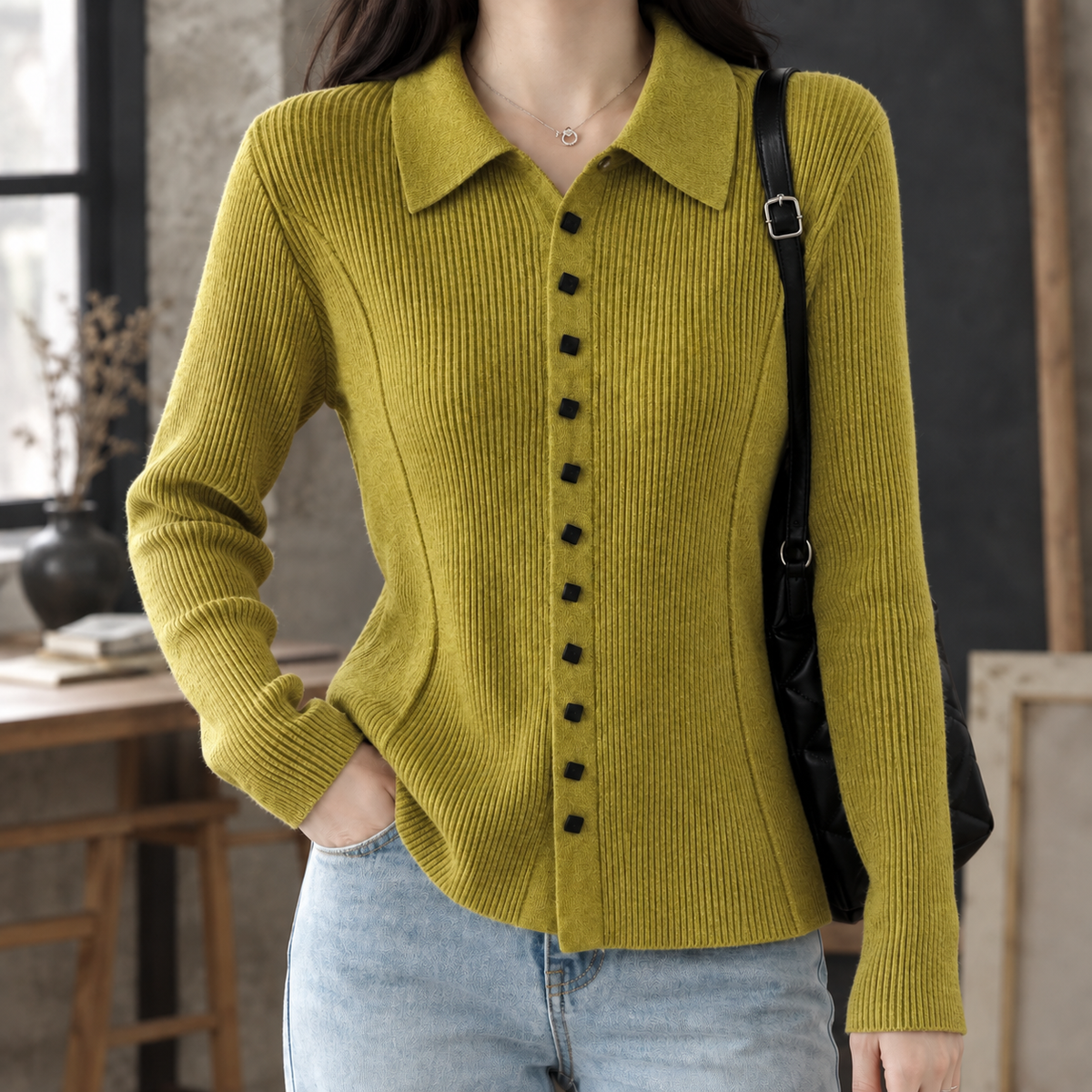 Ribbed Knit-Blend Fitted Cardigan