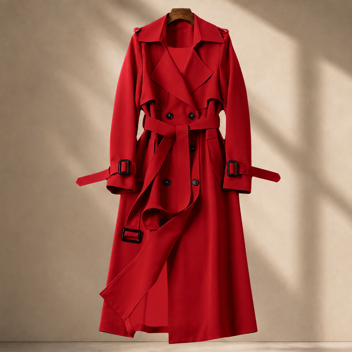 Overcoat Polyester Longline with Wide Lapels, Tie Belt and Cuff Straps