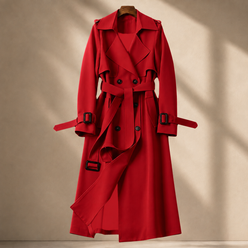 Overcoat Polyester Longline with Wide Lapels, Tie Belt and Cuff Straps