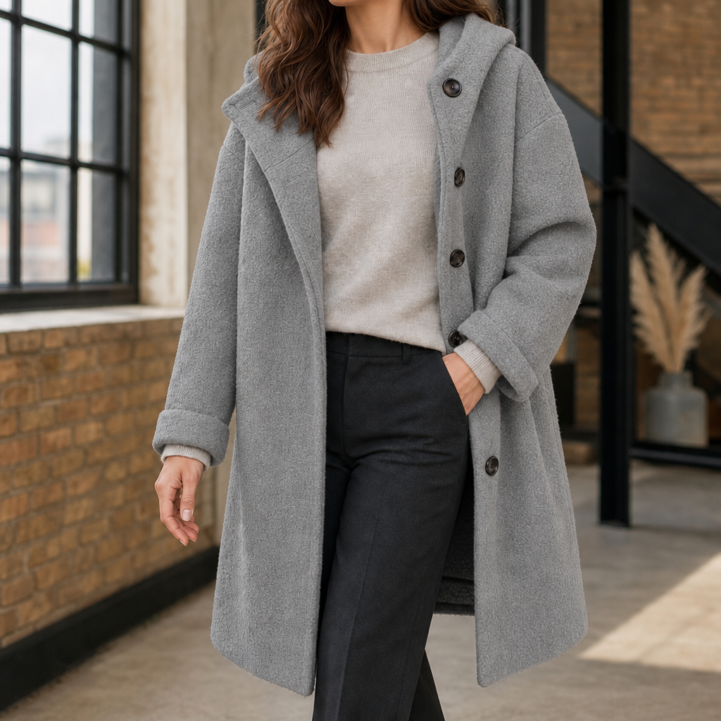 Hooded Coat Cotton Blend Loose Knee-Length with Broad Lapels
