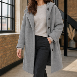 Hooded Coat Cotton Blend Loose Knee-Length with Broad Lapels