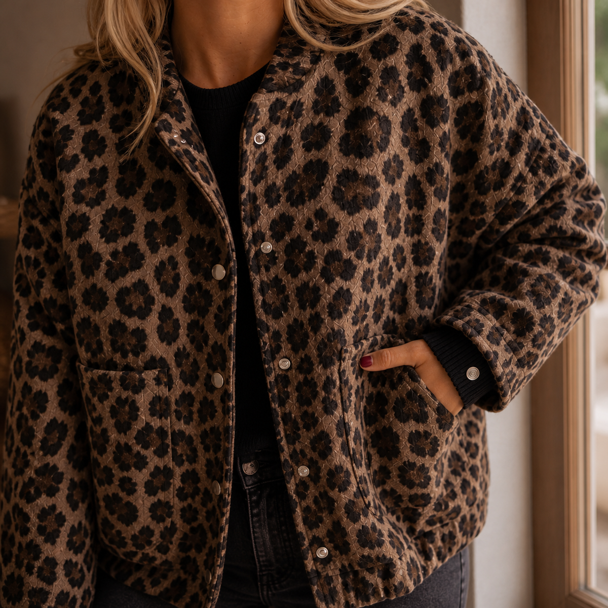 Bomber Jacket Polyester Leopard Print Relaxed with Snap Front