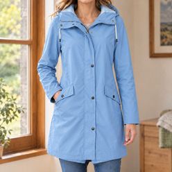 Hooded Jacket Polyester Mid-Length with Concealed Zip and Snap Front