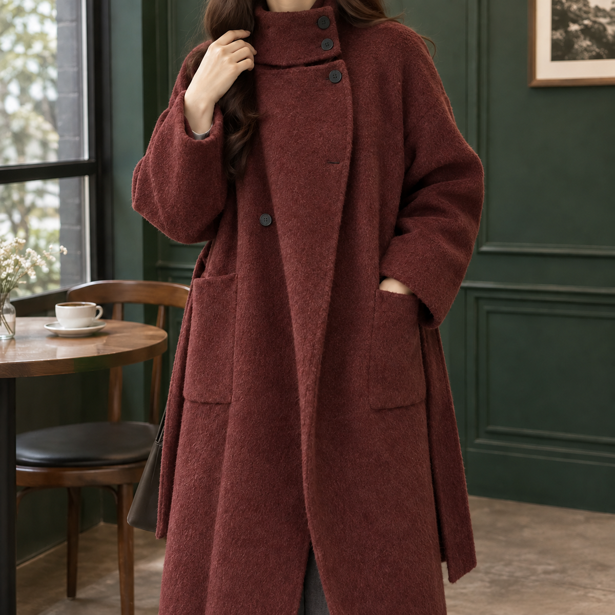 Coat Wool Blend Cashmere-Feel Longline with Asymmetric Stand Collar