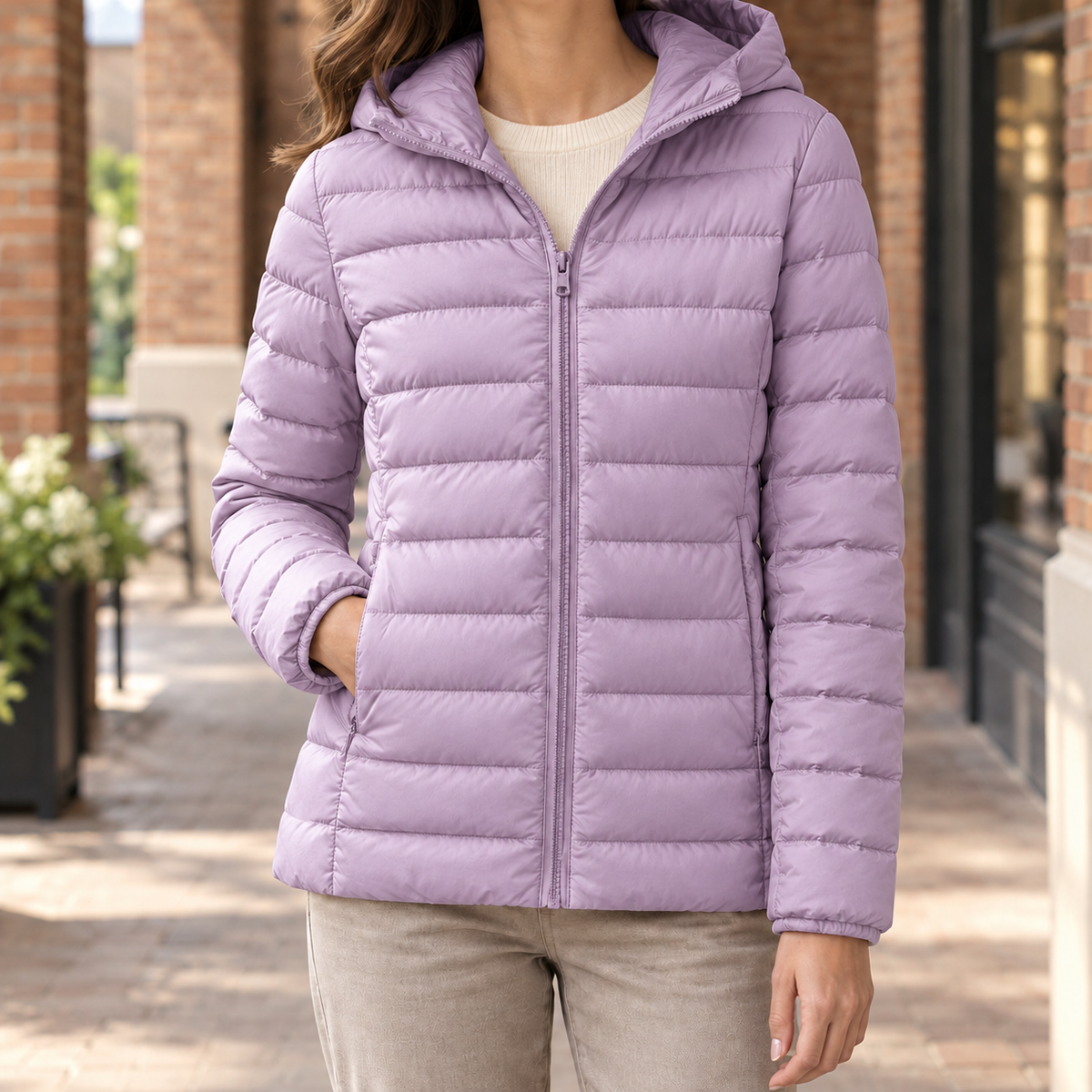 Quilted Jacket Cashmere-Feel Slim Hip-Length with Fixed Padded Hood