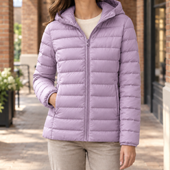 Quilted Jacket Cashmere-Feel Slim Hip-Length with Fixed Padded Hood