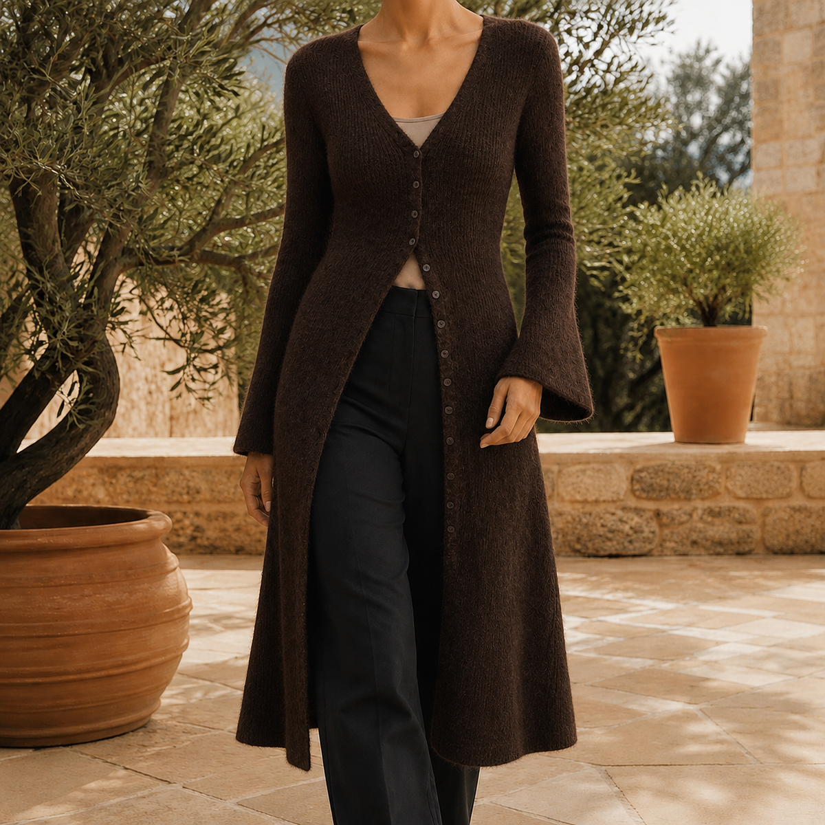 Wool-Blend V-Neck Longline Cardigan