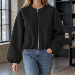 Jacket Polyester Cropped with Balloon Sleeves and Full Zip