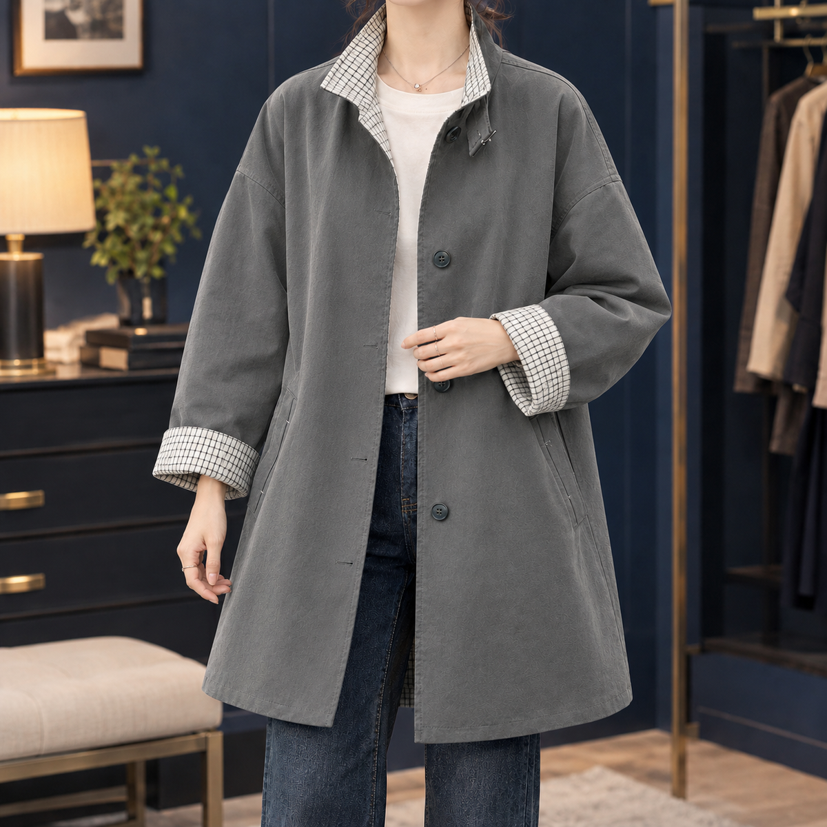 Overcoat Polyester A-Line Mid-Thigh with Checked Collar and Cuffs