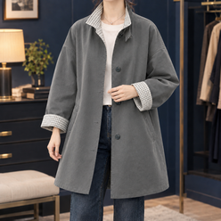 Overcoat Polyester A-Line Mid-Thigh with Checked Collar and Cuffs