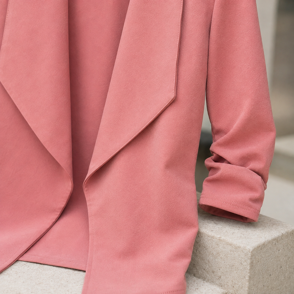 Blazer Polyester Draped Collarless with Open Front, Gathered Sleeves