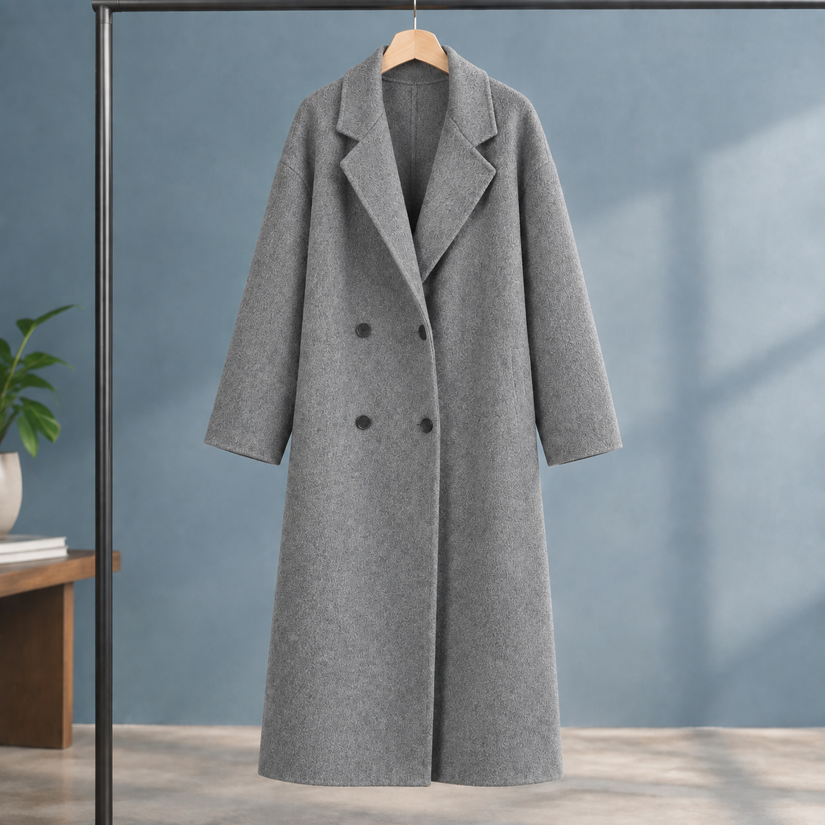 Coat Wool Blend Cashmere-Feel Double-Breasted Relaxed Longline