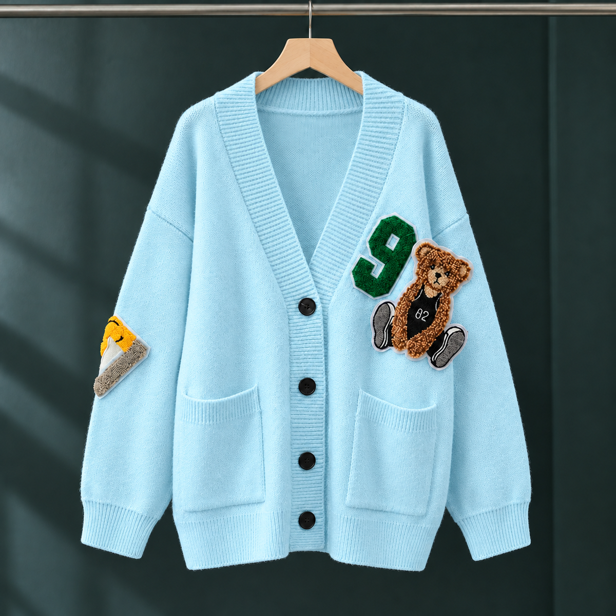 Bear Motif Cardigan with Dropped Shoulders