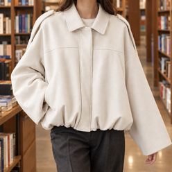 Bomber Jacket Faux Suede Oversized Cropped with Pointed Shirt Collar