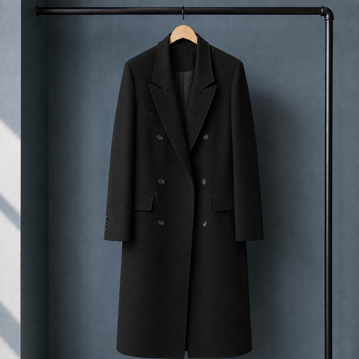 Blazer Polyester Longline Double-Breasted with Broad Peak Lapels