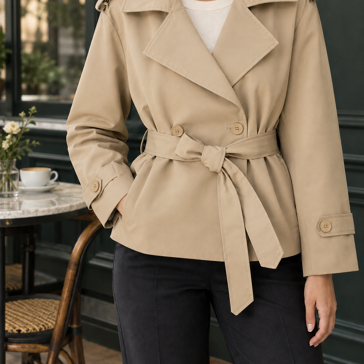 Trench Jacket Polyester Belted with Wide Lapels and Cuff Tabs
