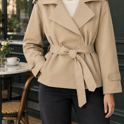 Trench Jacket Polyester Belted with Wide Lapels and Cuff Tabs