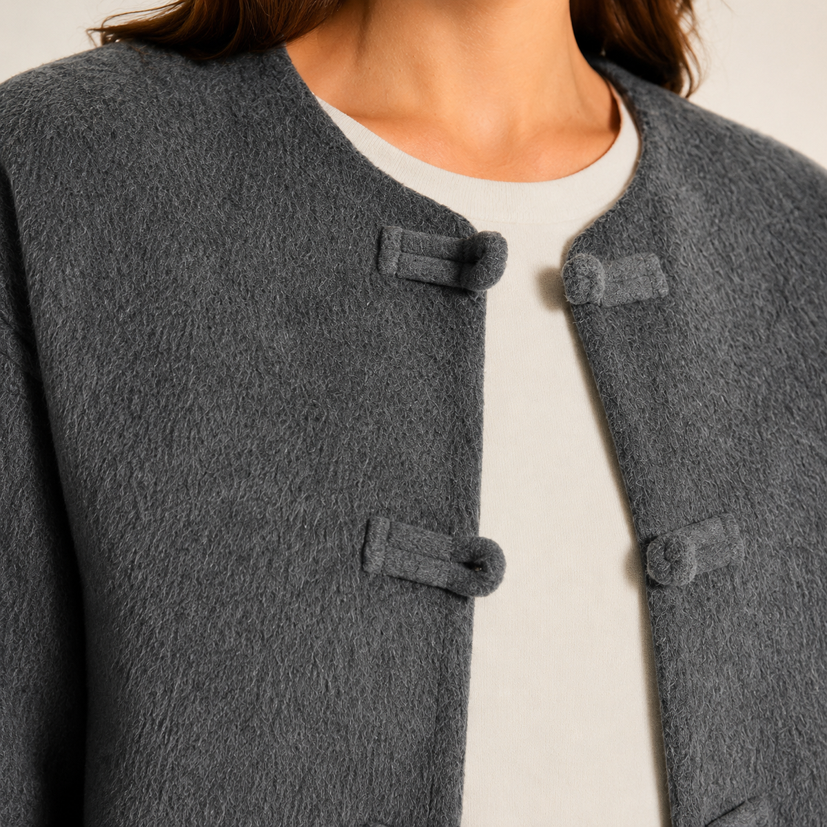 Jacket Wool Blend Collarless with Frog Closures and Patch Pockets