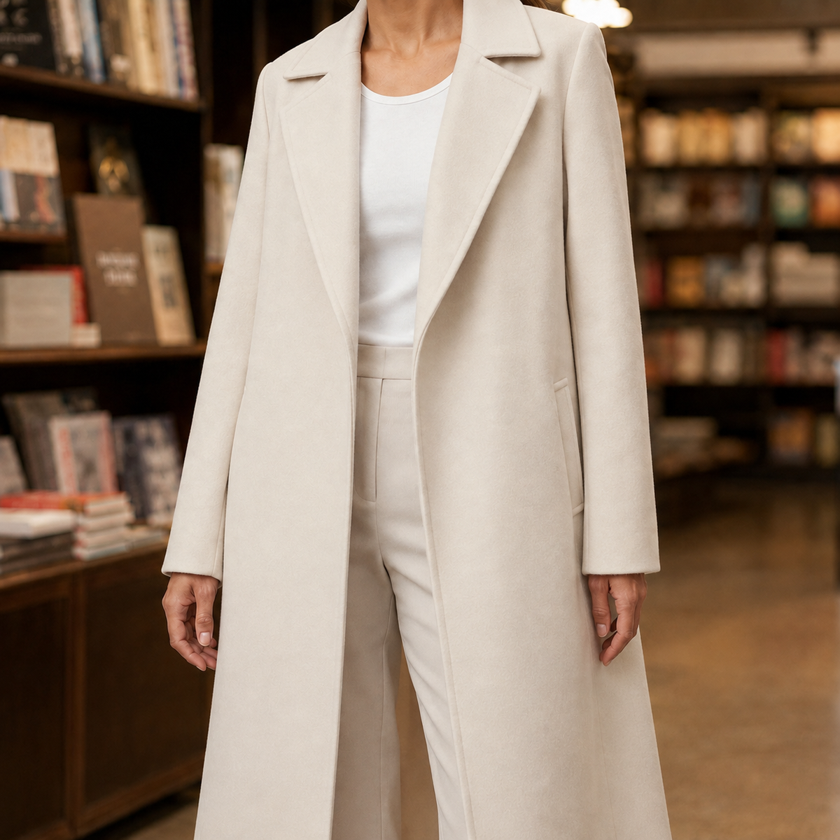 Overcoat Polyester Tailored Calf-Length with Wide Lapels, Open Front