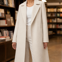 Overcoat Polyester Tailored Calf-Length with Wide Lapels, Open Front