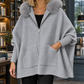 Hooded Jacket Polyester Cape Silhouette with Plush Wool-Blend Trim