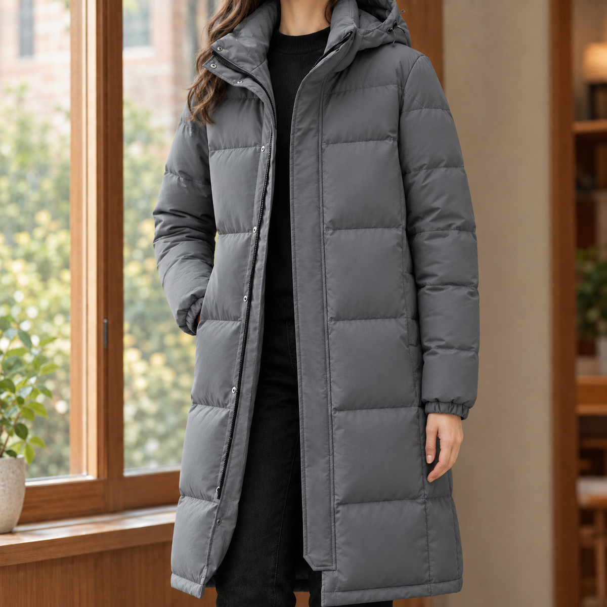 Hooded Jacket Cashmere-Feel Longline Padded with Zip and Snap Closure