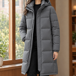 Hooded Jacket Cashmere-Feel Longline Padded with Zip and Snap Closure