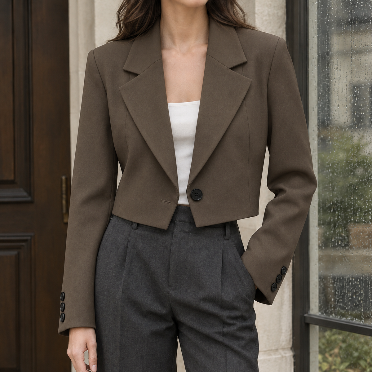 Blazer Polyester Cropped Loose Fit with Notched Lapels, Single Button