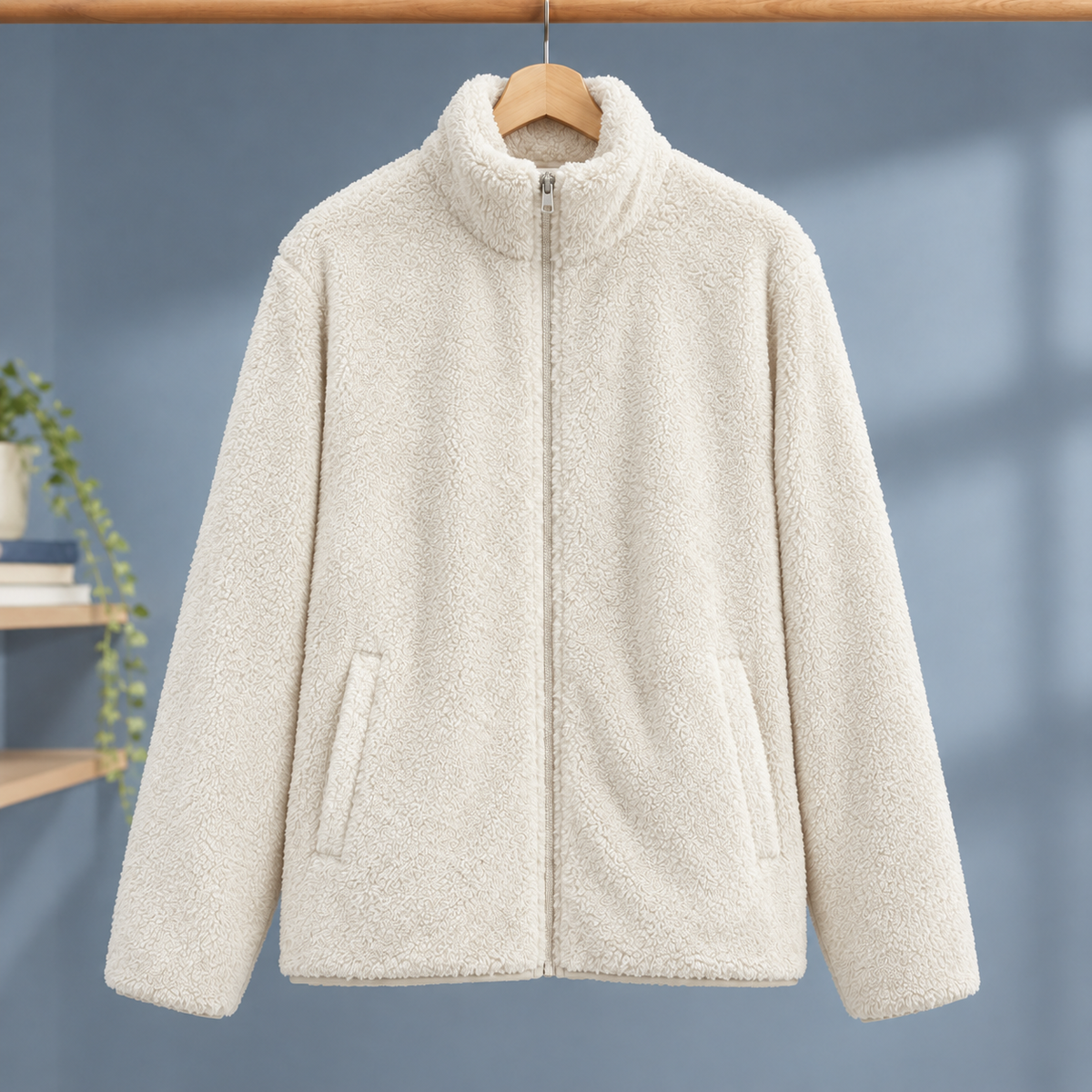 Zip Jacket Polyester Plush Straight Fit with Slanted Hand Pockets