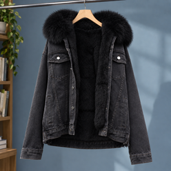 Denim Jacket Plush Lined with Oversized Trimmed Hood and Four Pockets
