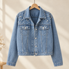 Denim Jacket Cropped with Pearl Beading and Flap Chest Pockets