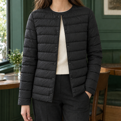 Quilted Jacket White Duck Down Filled Slim Hip-Length with Snap Front