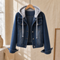 Hooded Denim Jacket Cropped with Contrast Drawstring and Four Pockets