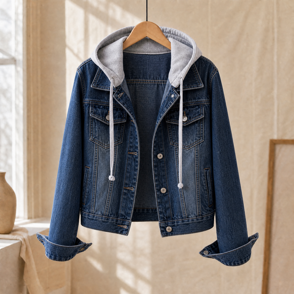 Hooded Denim Jacket Cropped with Contrast Drawstring and Four Pockets