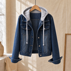 Hooded Denim Jacket Cropped with Contrast Drawstring and Four Pockets