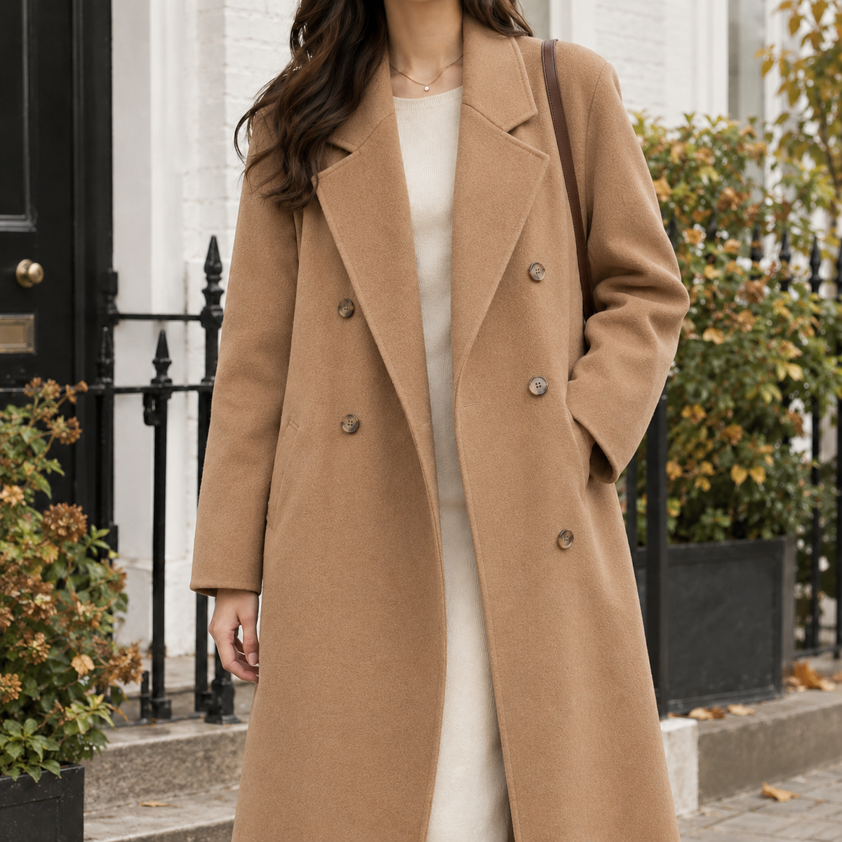 Coat Polyester Double-Breasted Relaxed Longline with Wide Lapels