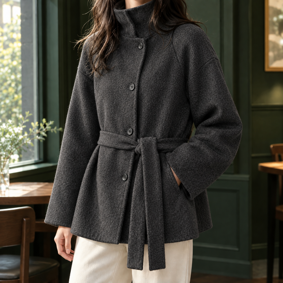 Jacket Cashmere-Feel Brushed Polyester with Stand Collar and Belt