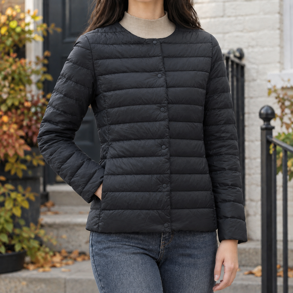 Quilted Jacket Polyester Lightweight with Round Neckline and Snaps