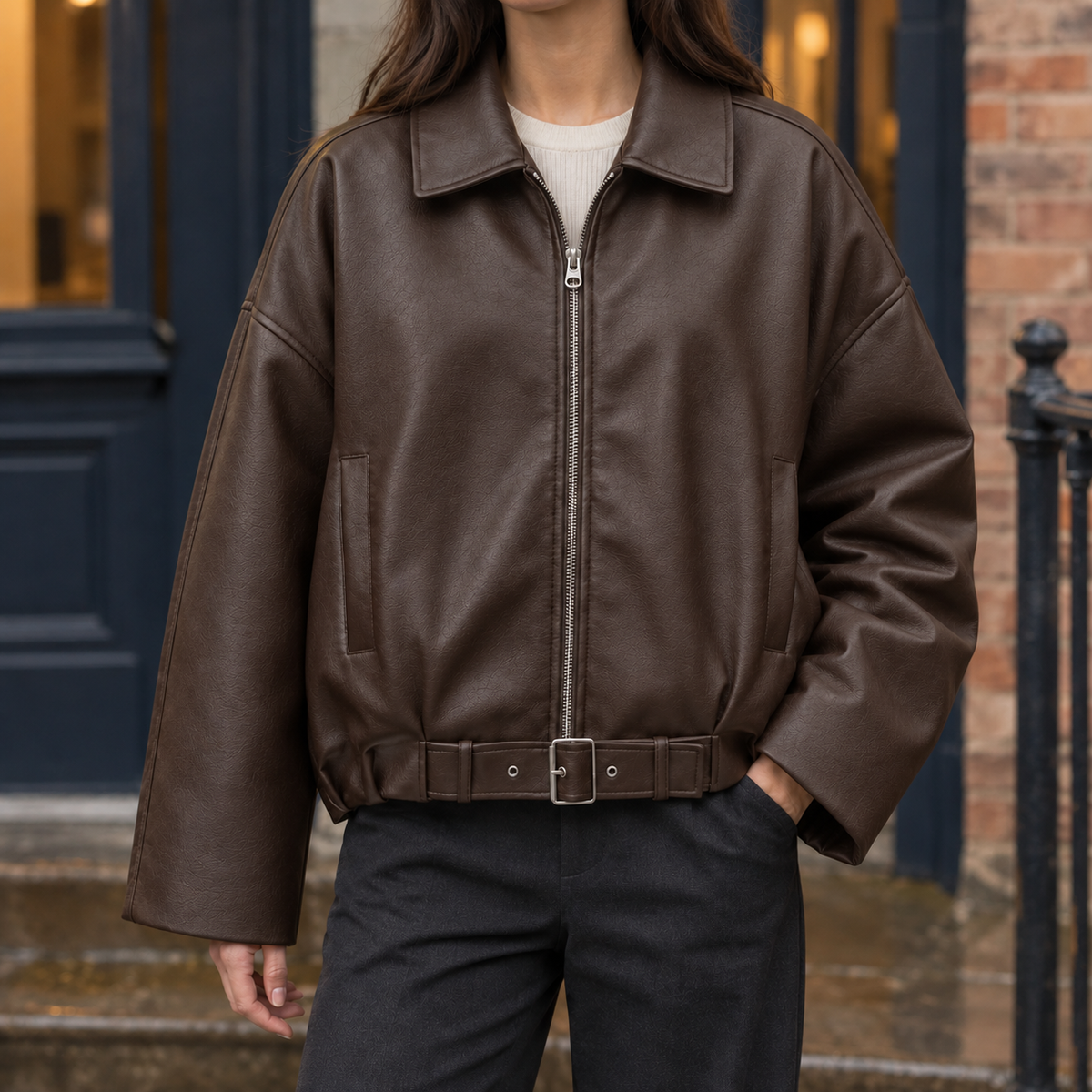 Jacket Faux Leather Belted with Zip Front and Buckled Hem