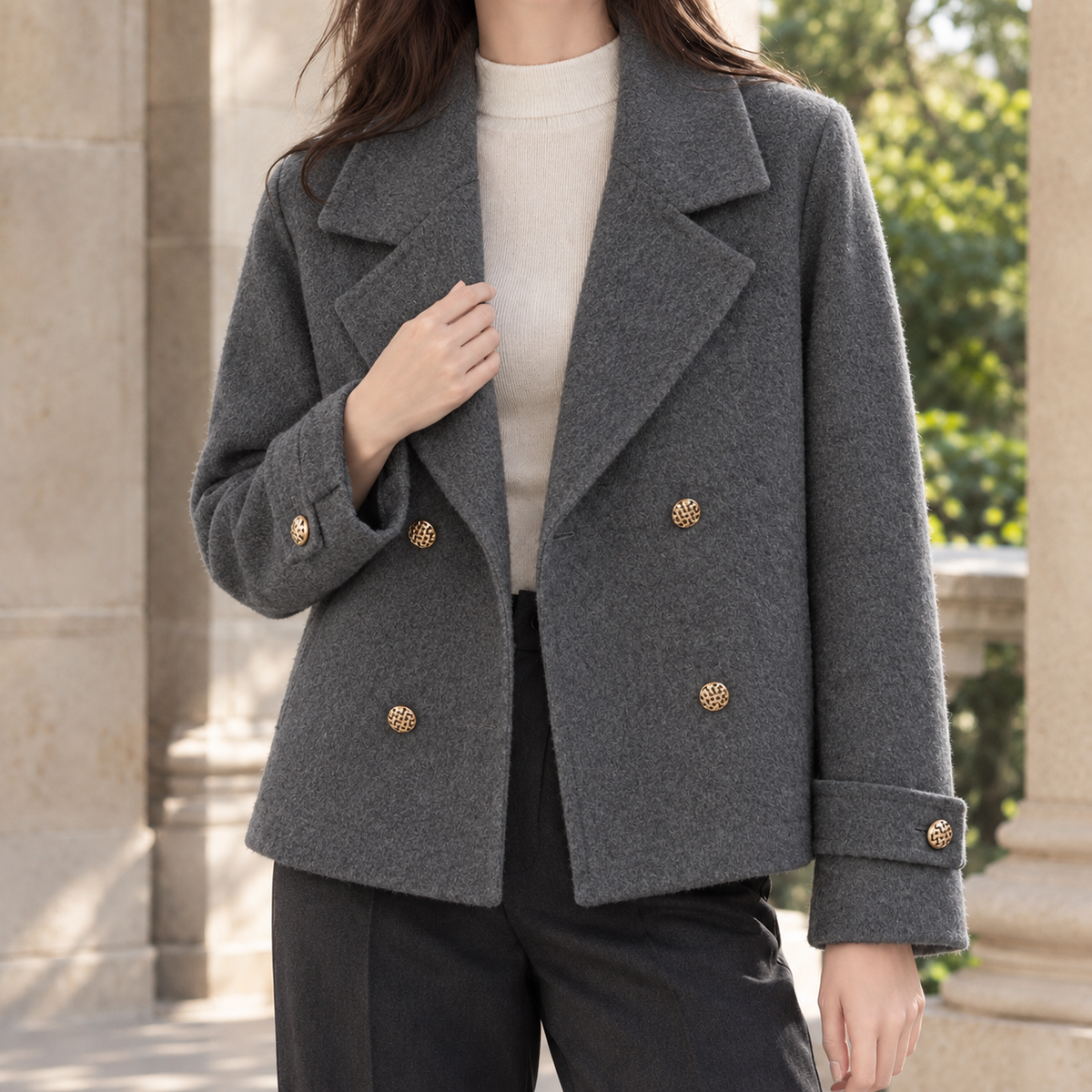 Jacket Wool Double-Breasted Cropped Relaxed with Buttoned Cuff Straps