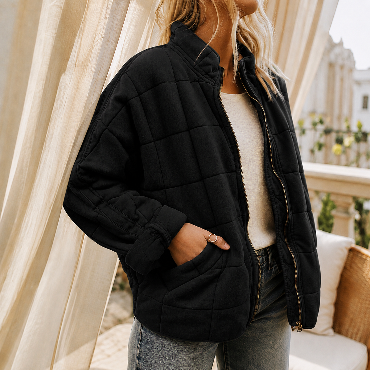Quilted Jacket Polyester Relaxed with Square-Grid Quilting and Zip