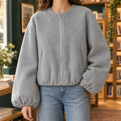 Collarless Jacket Polyester Short with Balloon Sleeves and Zip Front