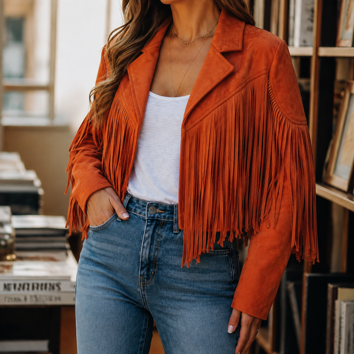 Jacket Polyester Western Fringe Cropped with Notched Lapel Collar