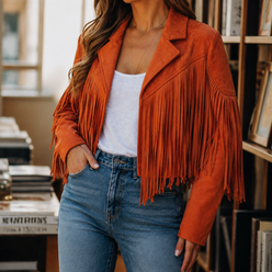 Jacket Polyester Western Fringe Cropped with Notched Lapel Collar