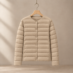 Quilted Jacket Lightweight Down Slim with Round Neck and Welt Pockets