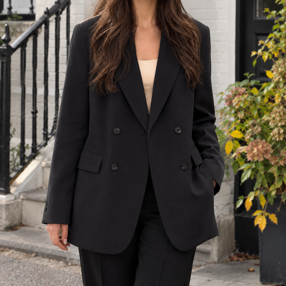 Blazer Polyester Relaxed Double-Breasted with Wide Notched Lapels